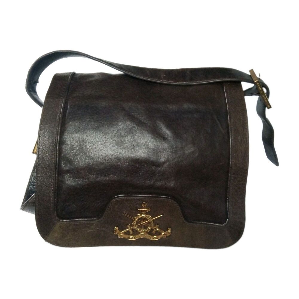 Tory Burch Leather Shoulder Bag Amulet Nautical Messenger Bag  Dark Brown